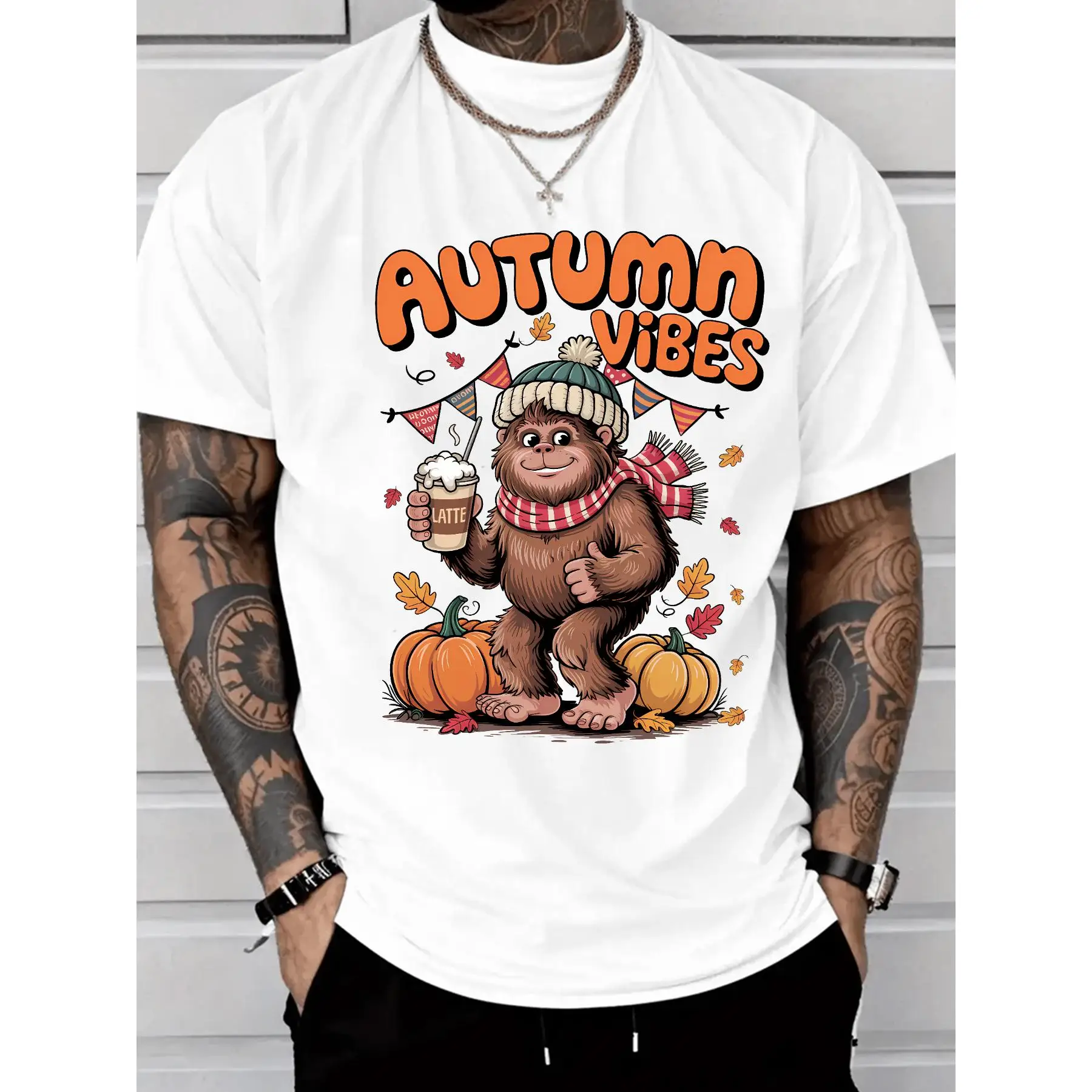 

Funny Bigfoot T-Shirt Men Women Autumn Vibes Sasquatch Fall Coffee Tee Cute Pumpkin Graphic Print Cozy Season Gift