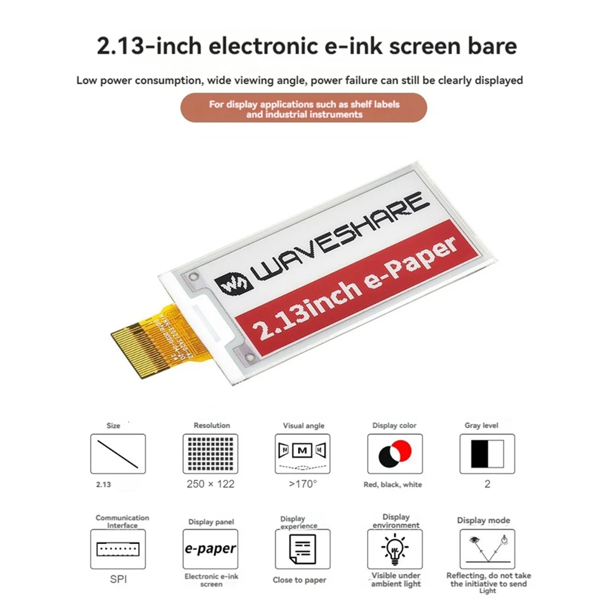 Waveshare 2.13 Inch Ink Screen Electronic Paper Electronic Price Tag Display Screen 250x122pixel SPI Eink Raw Display