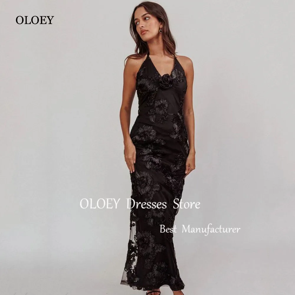 

OLOEY Black Lace Followers Evening Gown Dress Deep V-Neck Collar Backless Floor-length Wedding Party Dress Summer Dress