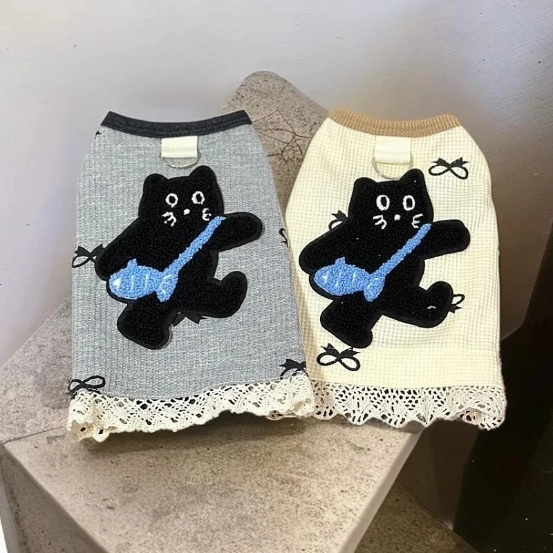 

Pet Spring/Summer Waffle Tank Top Lace Edge Skirt Teddy Bear Schnauzer Small Dog Bottom Shirt Dog Clothes for Small Dogs