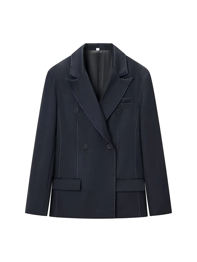 Żakiet damski w stylu streetwear, jednolity kolor, długi rękaw, dwurzędowy, wiosenny, z kieszeniami, kołnierzyk wykładany, modny.