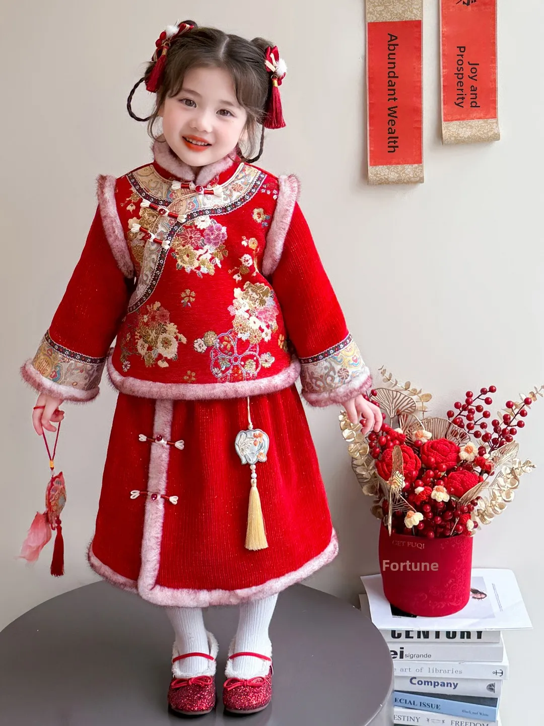 

Новогодний наряд для девочек, зимний комплект на подкладке, традиционный китайский детский костюм Тан, новогодняя одежда для маленьких девочек