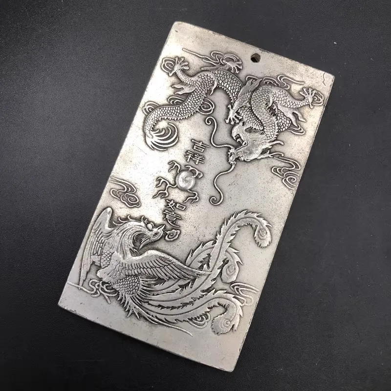 Elaborate Chinese Old Tibetan Silver Dragon Phoenix Statue Amulet Auspicious Plate view 3