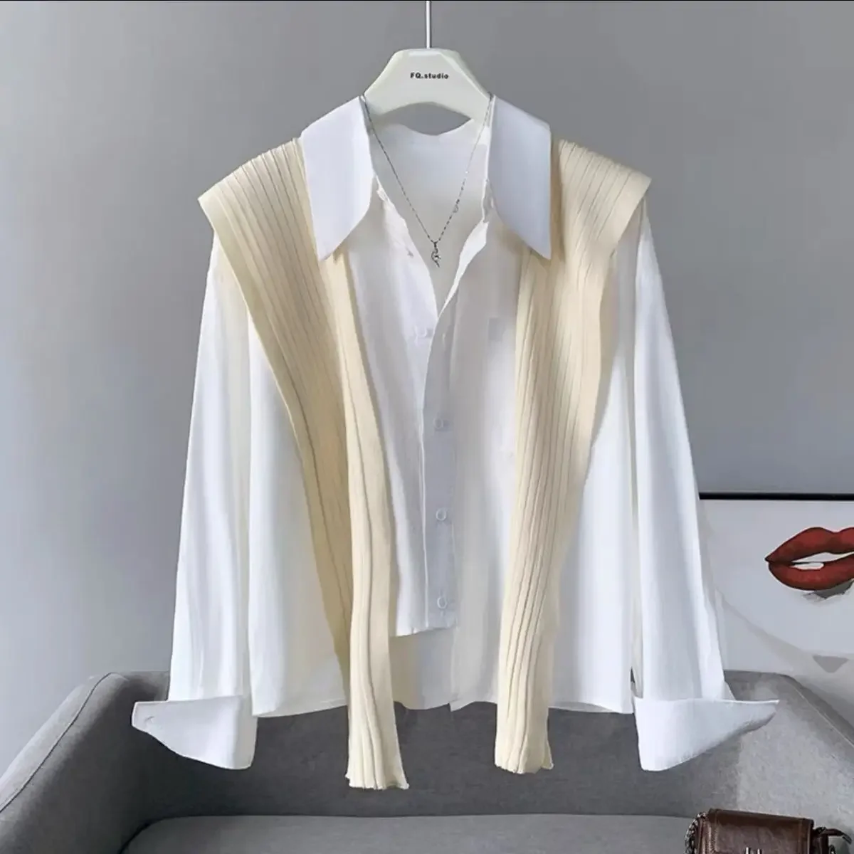 Shawl long sleeved two-piece shirt for women in the spring of 2024, new loose fitting shirt with irregular hem and layered top