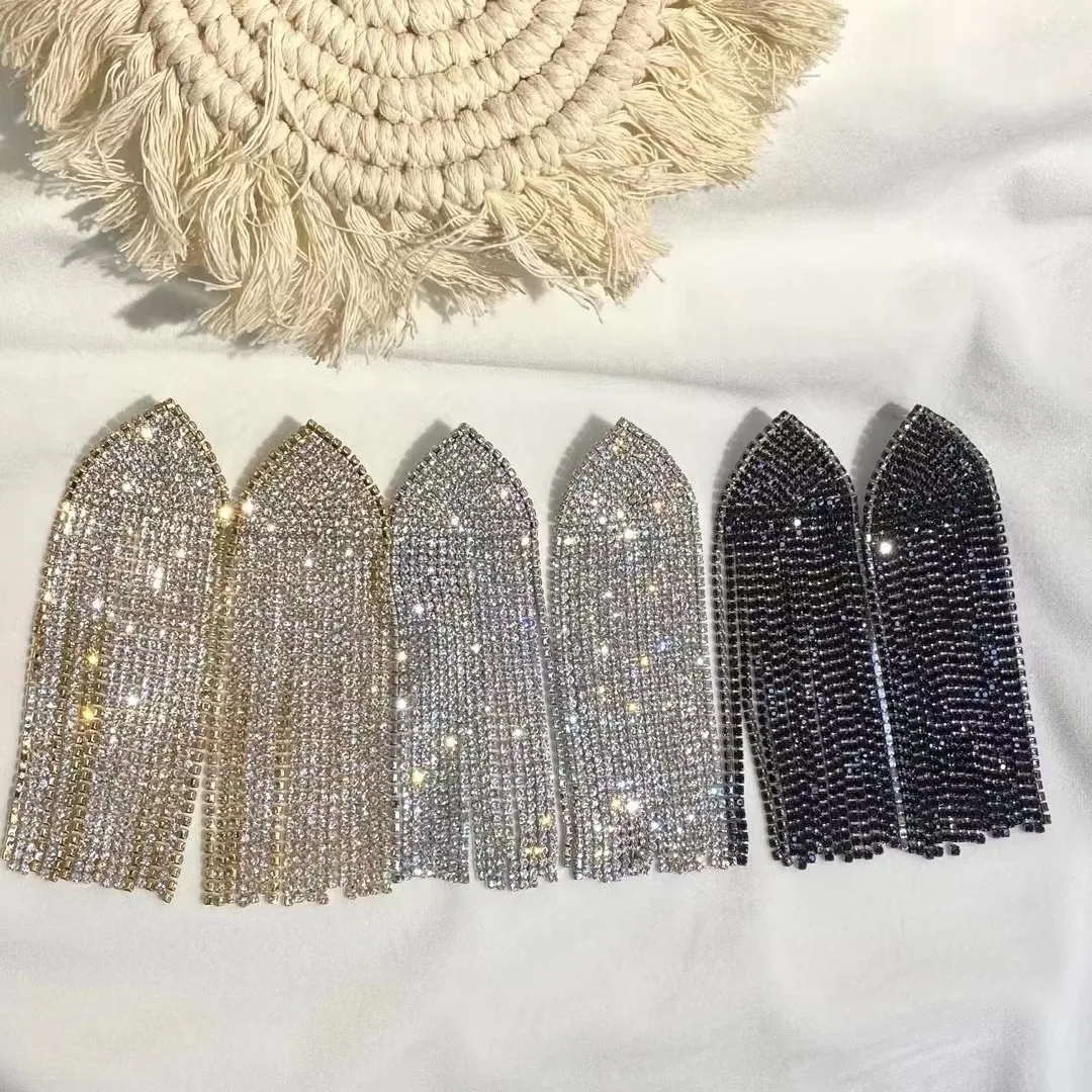 Silver Needle Diamond Triangular Tassel Earrings Personality Trend Exaggerated Long Earrings Bohemian Fashion Earrings