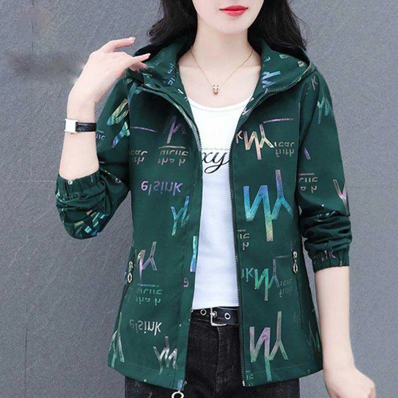 Fashion Zipper Pockets PrintedLetter Hooded Coats Women's Clothing 2023 Autumn Winter Loose All-match Tops Casual Jackets