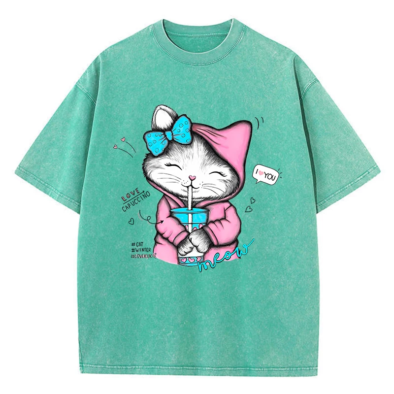 

Cats Like Cold Drinks Prints Washed T-Shirt Women Cotton Oversized Tops Summer Distressed O-Neck T Shirt Casual Woman Clothes