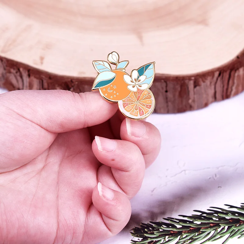 Orange Flower Enamel Pin Cute Metal Glitter Fruit Badge Fashion Gifts Jewelry Accessories