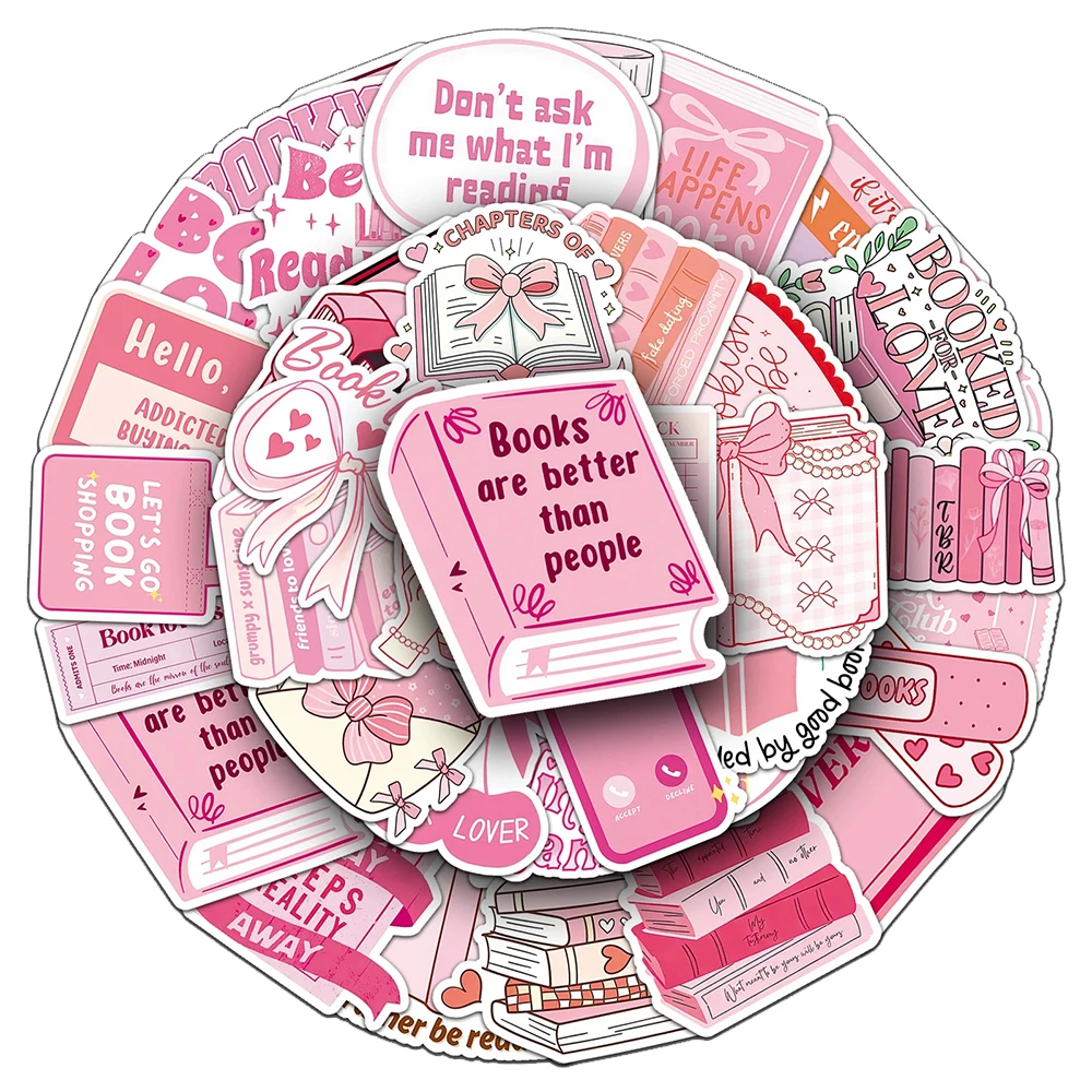 

10/30/50pcs Cute Pink Bookish Aesthetic Stickers Cartoon Reading Book Decals for Skateboard Luggage Phone Kawaii Sticker DIY Toy