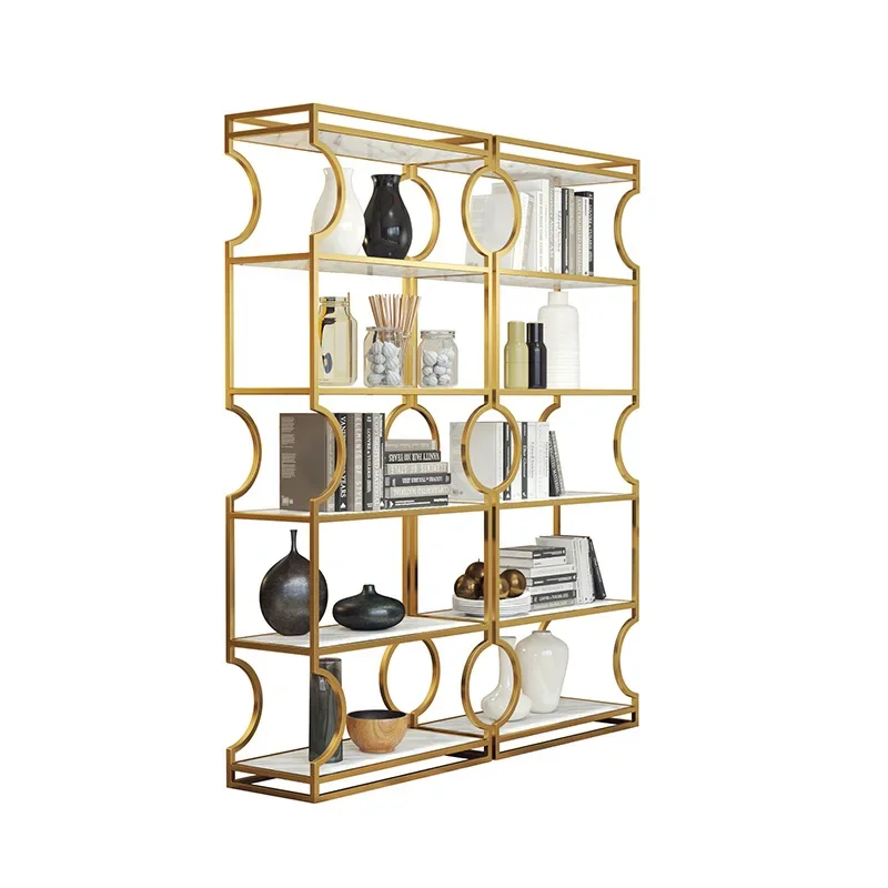 Nordic creative wrought iron, gold shelf, floor-to-ceiling multi-layer simplicity, marble bookshelf