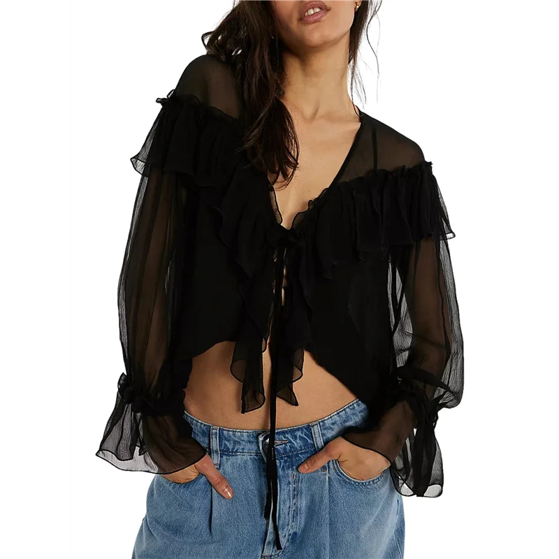 ASDS-Top fluido con lazo frontal para mujer, camisa de gasa con ribete de encaje peplum de manga larga, blusa de playa bohemia con volantes y cuello en V transparente