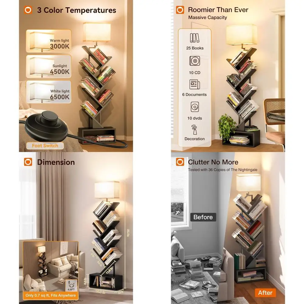

6-Tier Tree Book Shelf with LED Light, Steel&Wood Bookshelf with Storage Cabinet, Narrow Tall Bookcase with 3CCT Bulb, Small Boo