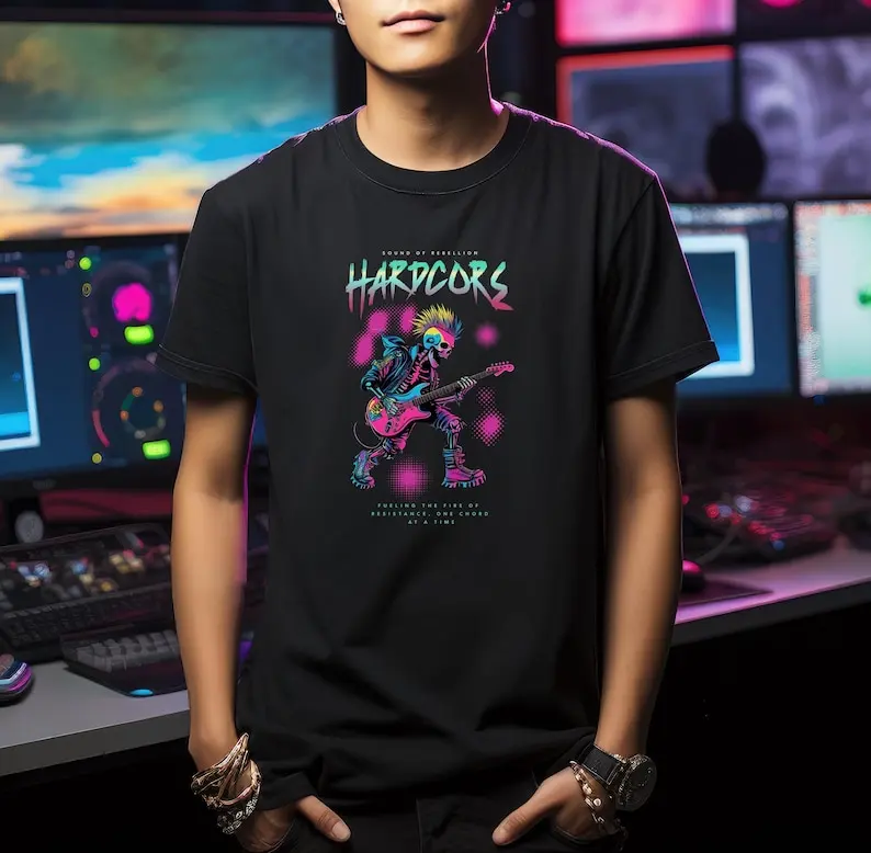 

Neon Skeleton Punk Tee, Rocker Skull T-shirt, Rebellious Musician Shirt, Edgy Rock Band Top, Hardcore Punk Rocker Tee
