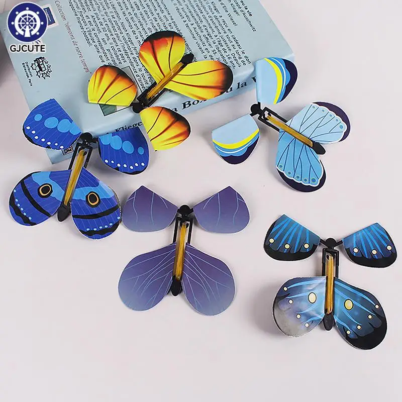 Magic Flying Butterflies Wind Up Toy In The Sky Bookmark Greeting Cards Rubber Band Powered Kids Magic Props Surpris Gift