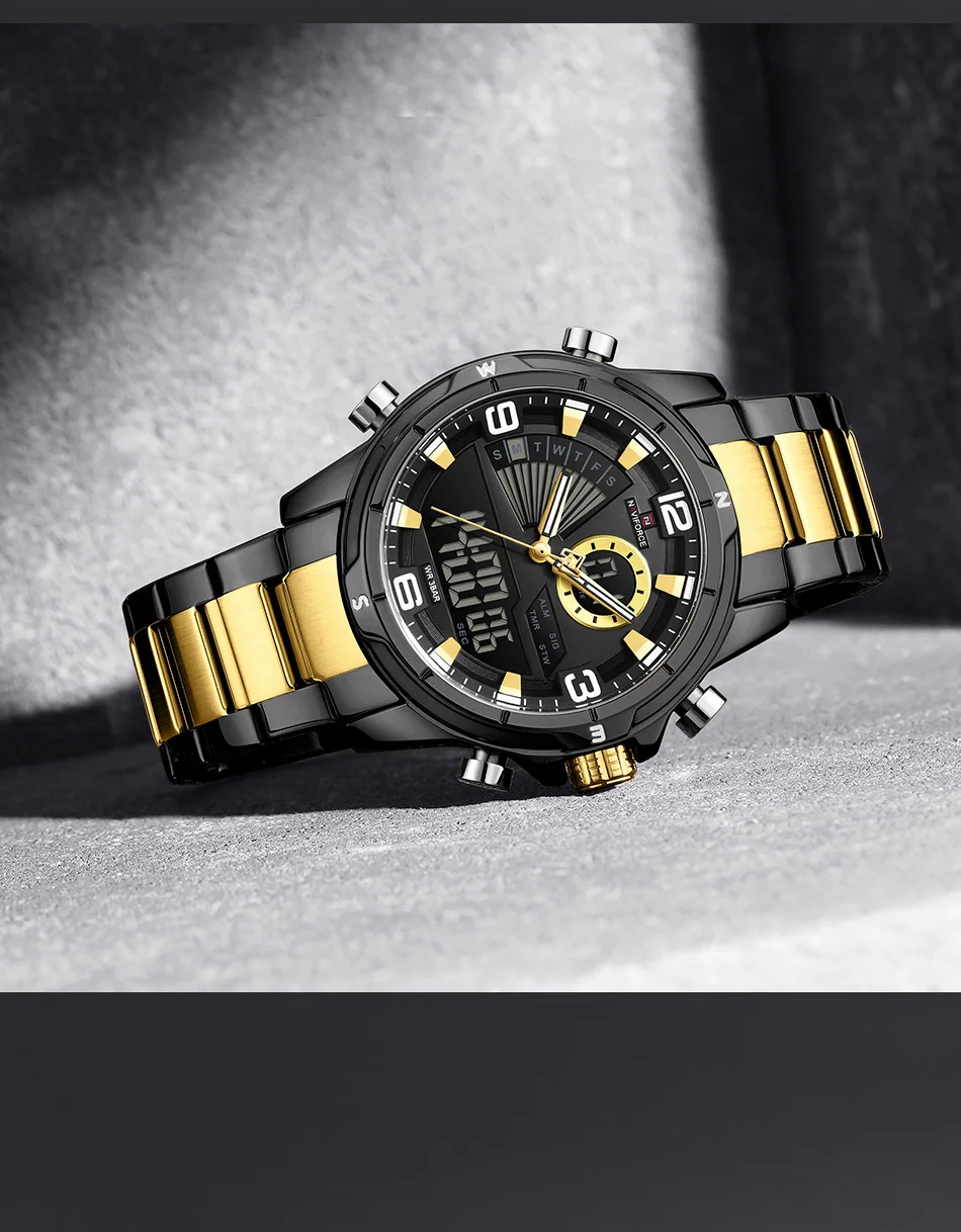 NAVIFORCE Men Dual Display Watch 3ATM Waterproof Luminous Hands Stainless Steel Strap Military Sports Wristwatch Gifts Box view 6