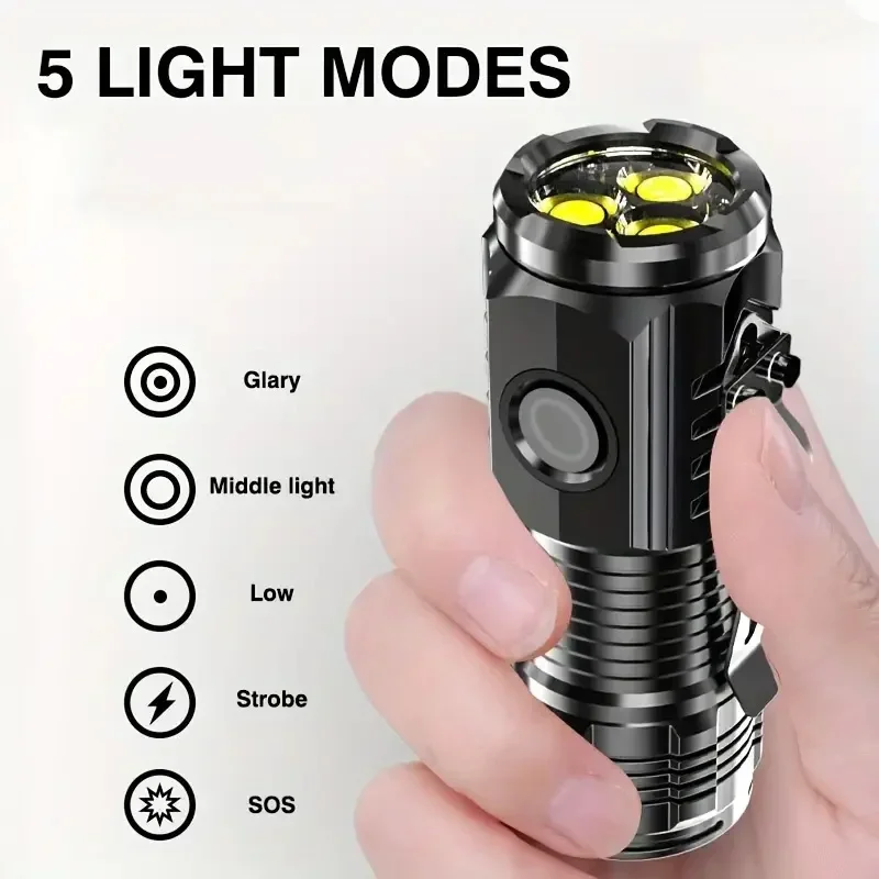 Tactical USB Rechargeable Mini Flashlight Super Bright Outdoor 3 LED Torch Clip Magnet Work Light For  Hiking Camping Car Repair