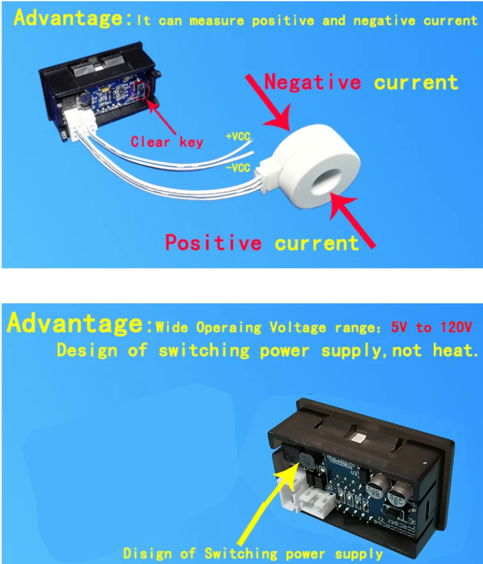 DYKB Hall Ammeter Voltmeter DC 0-300V ± 50A 100A 200A 400A Battery Monitor LED Digital Current Voltage meter 12V 24V 36V 48V 60V