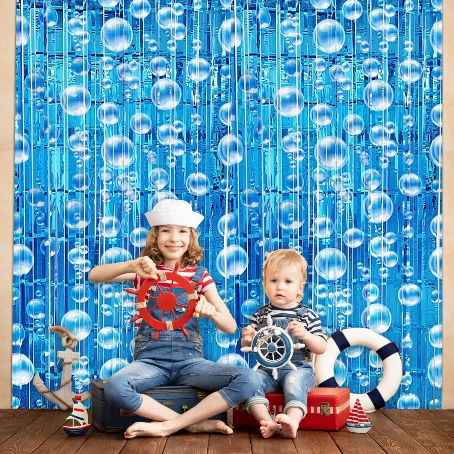 Under The Sea Party Decorations 2 Pcs Blue Bubble Garland Streamers Tinsel Foil Fringe Curtain Backdrops for Mermaid Ocean Beac