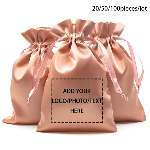 Customized Photo Silk Satin Drawstring Bags 20-100pcs Wedding Party Favor Jewelry Pouch Gift Packaging Storage Bags Bulk Lot