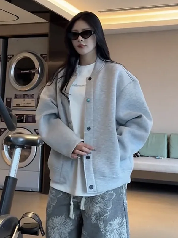 

Spring New Sle American Heavyweight Color Simple Baseball Jaet Advanced Lazy Casual Open Cardigan Collarl Outerwear