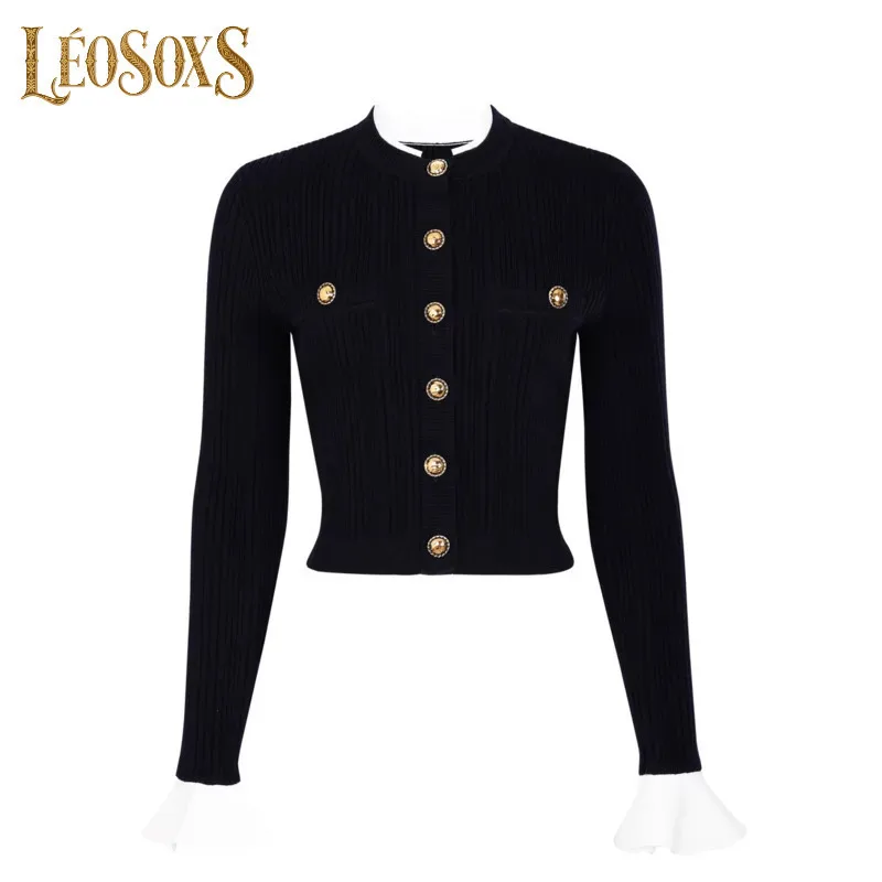 LEOSOXS Women's Elegant Knit Cardigan With Gold Button Details & Ruffled Cuffs For Ultra-Chic Styling Look 2025