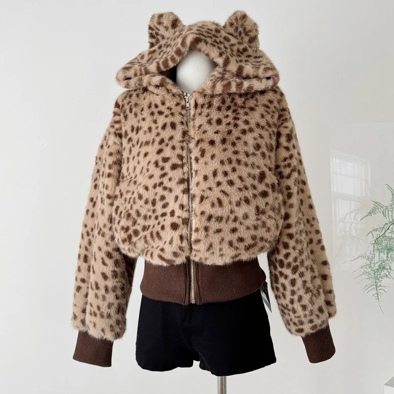 

Hooded Leopard Printed Women's Fur Coat Long Sleeve Cropped Faux Fur Chic Street Fluffy Fur Jacket Winter Short Overcoat Ladies