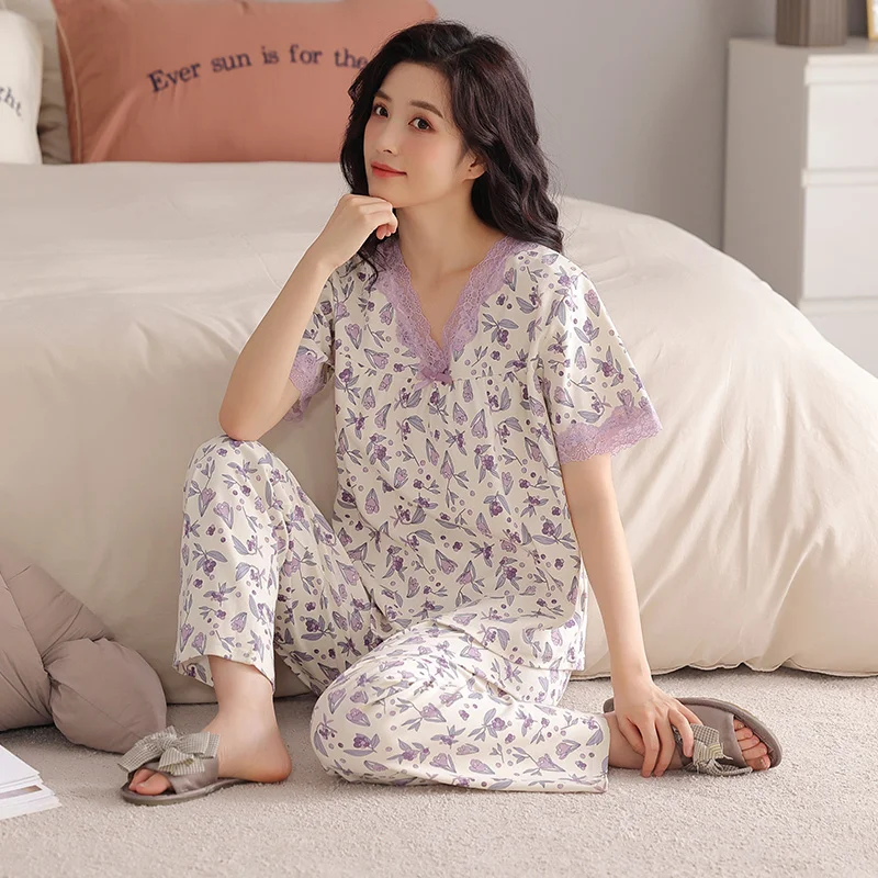 Summer small floral pyjamas women big yards female modal cotton pajamas set short sleeve long pants casual tracksuit pijamas 4XL