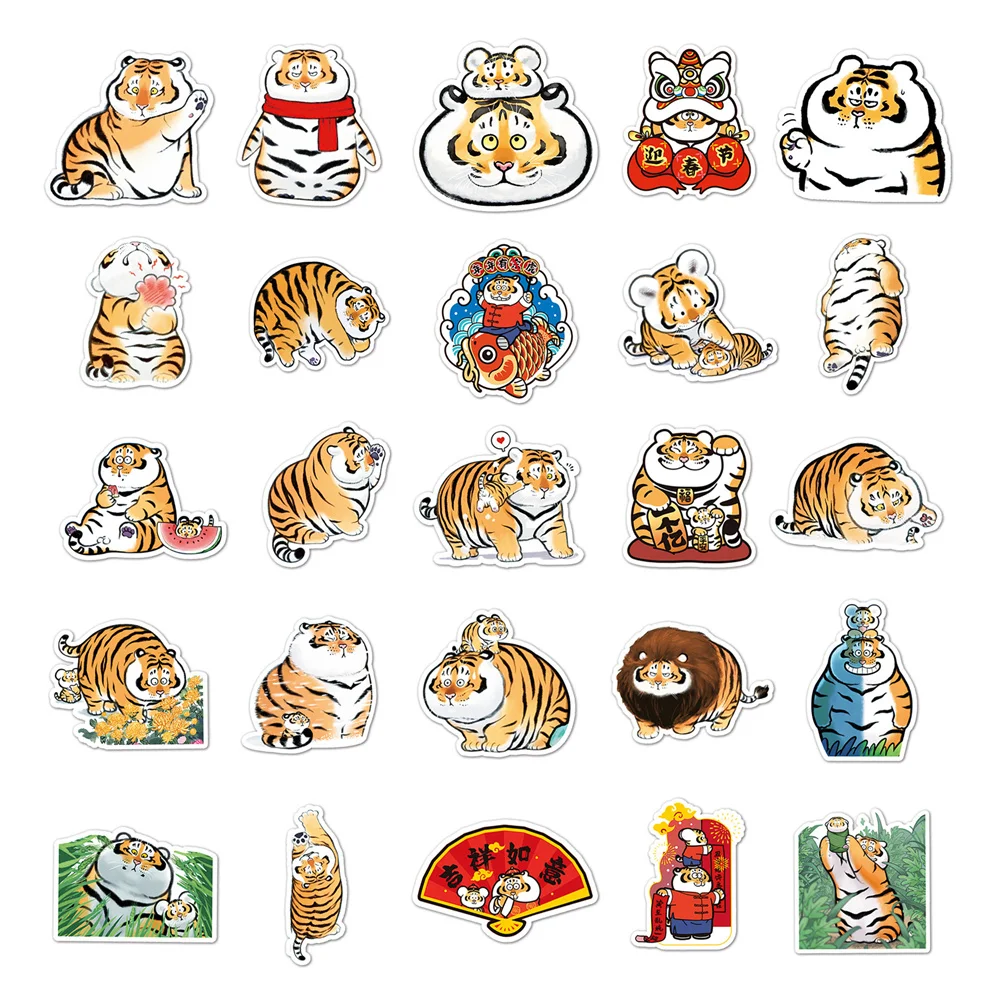 10/30/50PCS Cute Fat Tiger Graffiti Waterproof Sticker Decoration Bicycle Suitcase Laptop Gift PVC Tiger Sticker Wholesale