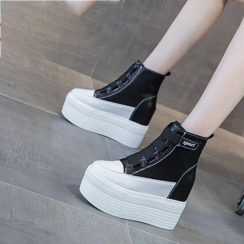 Fujin 10cm 12cm Women Casual PU Leather Ankle Boots Spring Autumn Shoes Chunky Sneakers Winter Plush Woman Platform Wedge Shoes