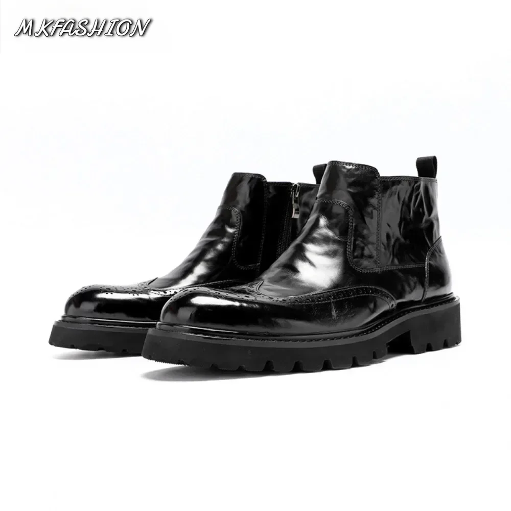 Premium Mens Hand Grained Calfskin Leather Boots Brogue Short Ankle Boots British Style Versatile for Men