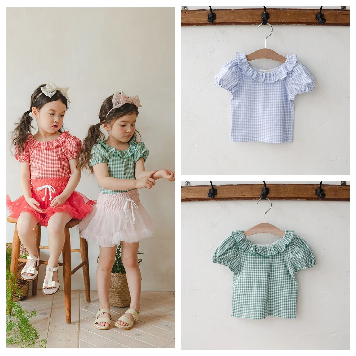 

Mother Kids Summer 2025 Korean Children's Baby Girls' Sweet And ladylike Checkered Round-Neck Short-Sleeved T-Shirt