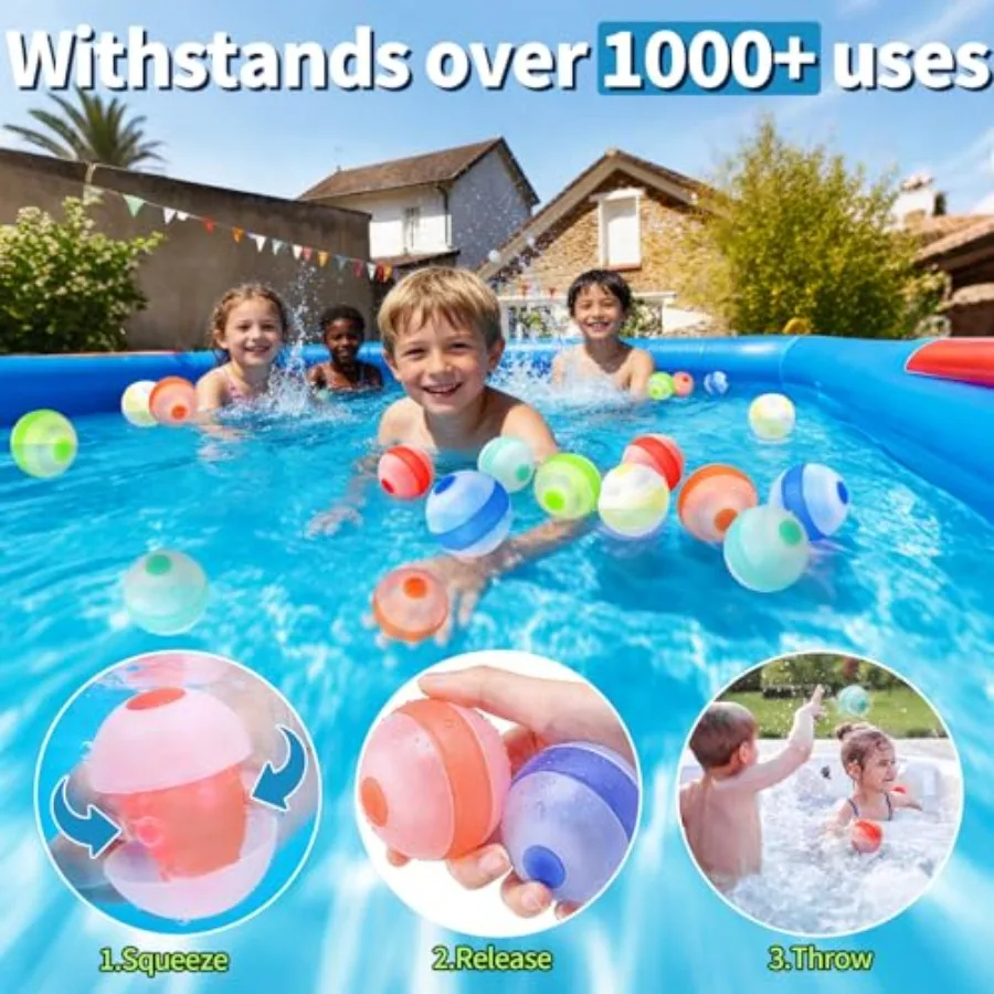 Reusable Water Balloons, Refillable Water Balloons Quick Fill, Soft Silicone Water Splash Balls for Toddler Age 4-12, Self Seal