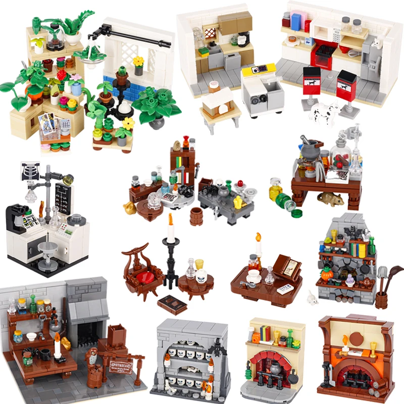 MOC Medieval Building Blocks Wizard Potion Studio Ingredient Lounge Table skeleton LaboratoryFurniture Series Printed Brick Toys