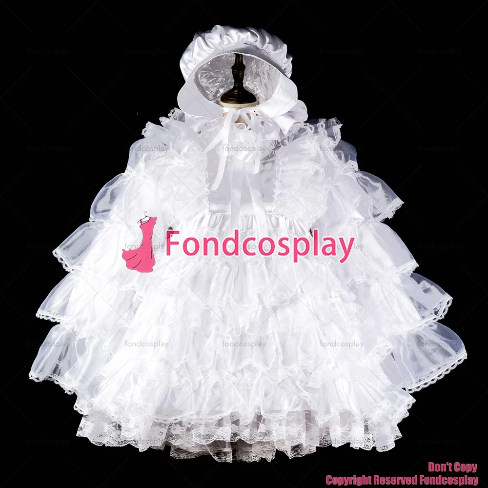 fondcosplay adult sexy cross dressing sissy maid white organza satin dress lockable Uniform headpiece hood CD/TV[G2408]