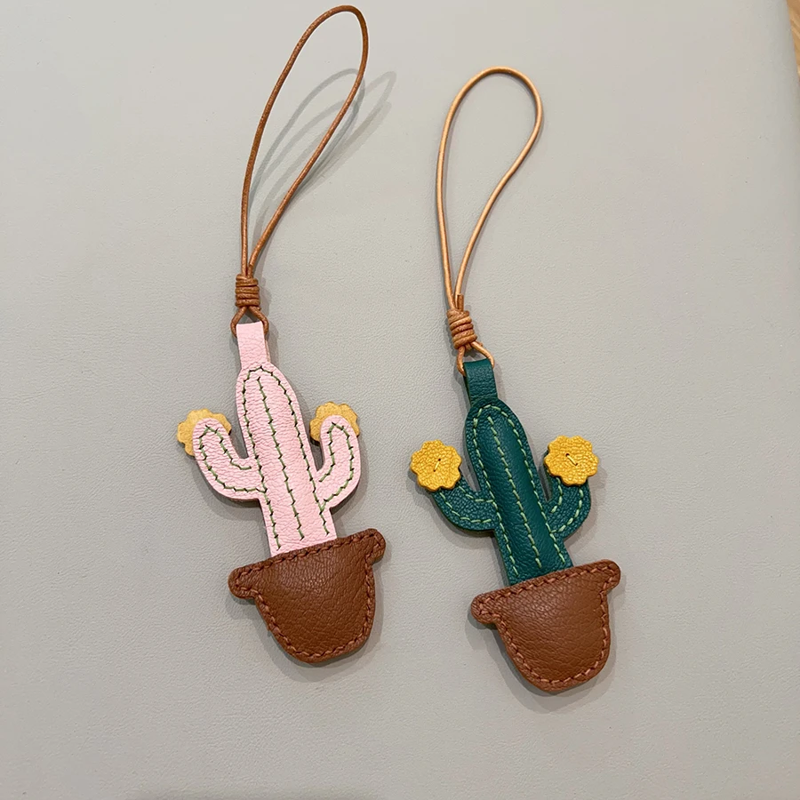 Cowhide Cactus Bag Charm/keychain-your Daily Dose Of Cuteness With Fashionable Bag Pendant Leather Cords & Large Clip
