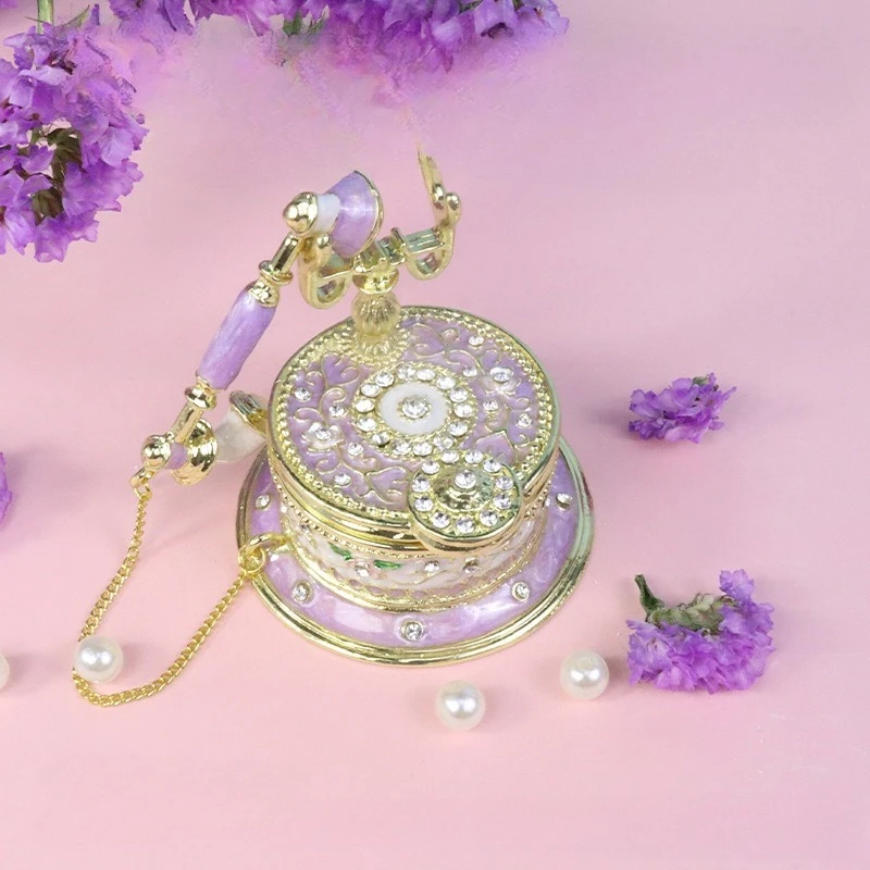 Painted Enameled Decorative Telephone Hinged Jewelry Trinket Box Gifts | Zinc Alloy Vintage Small Jewelry Storage for Home Decor