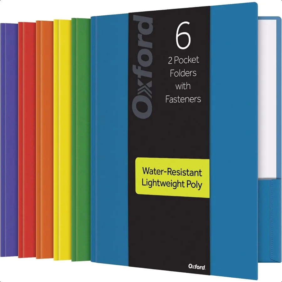 

Oxford 2 Pocket Folders with Fasteners Sturdy Plastic Folders Letter Size Asstd. Colors Blue Green Yellow Orange Red Purple 6 P