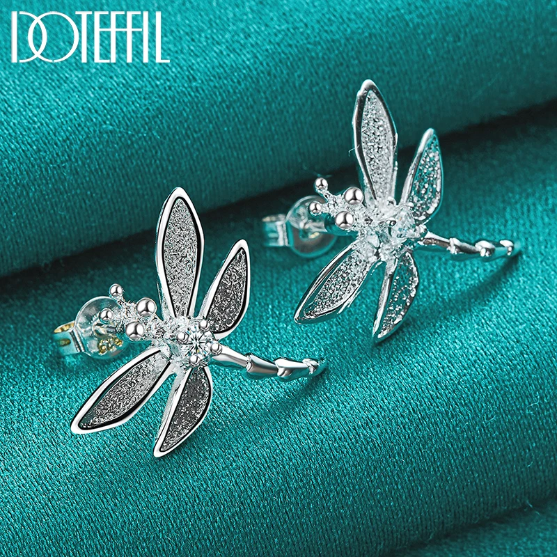 DOTEFFIL 925 Sterling Silver Dragonfly Inlaid with Crystals Stud Earring For Woman Fashion Wedding Engagement Jewelry