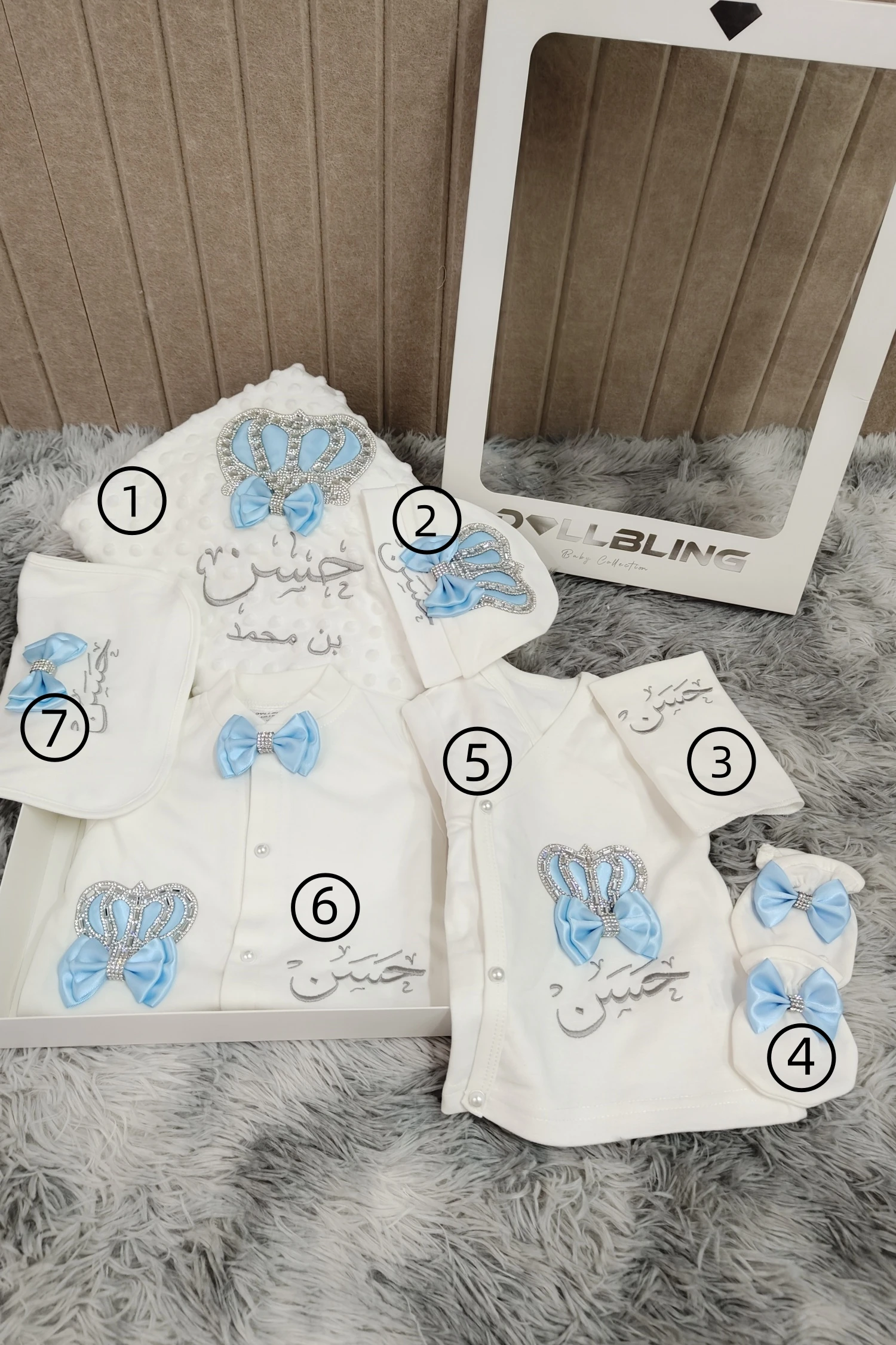 

Baby Boy 7Pcs Embroidered Blue Bow Crown Romper Set Soft Breathable Cotton Newborn Crawling Outfit 0-9 Months