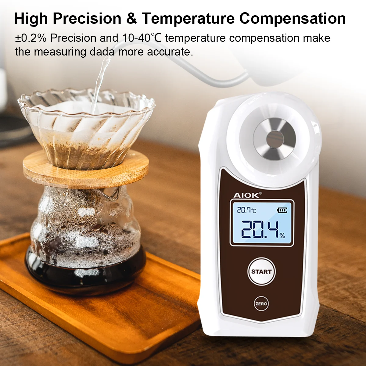 0-22% Range Coffee Concetration Meter High Precision Refractometer 0.1%  Accuracy IP67 Waterproof Auto Temperature Compensation