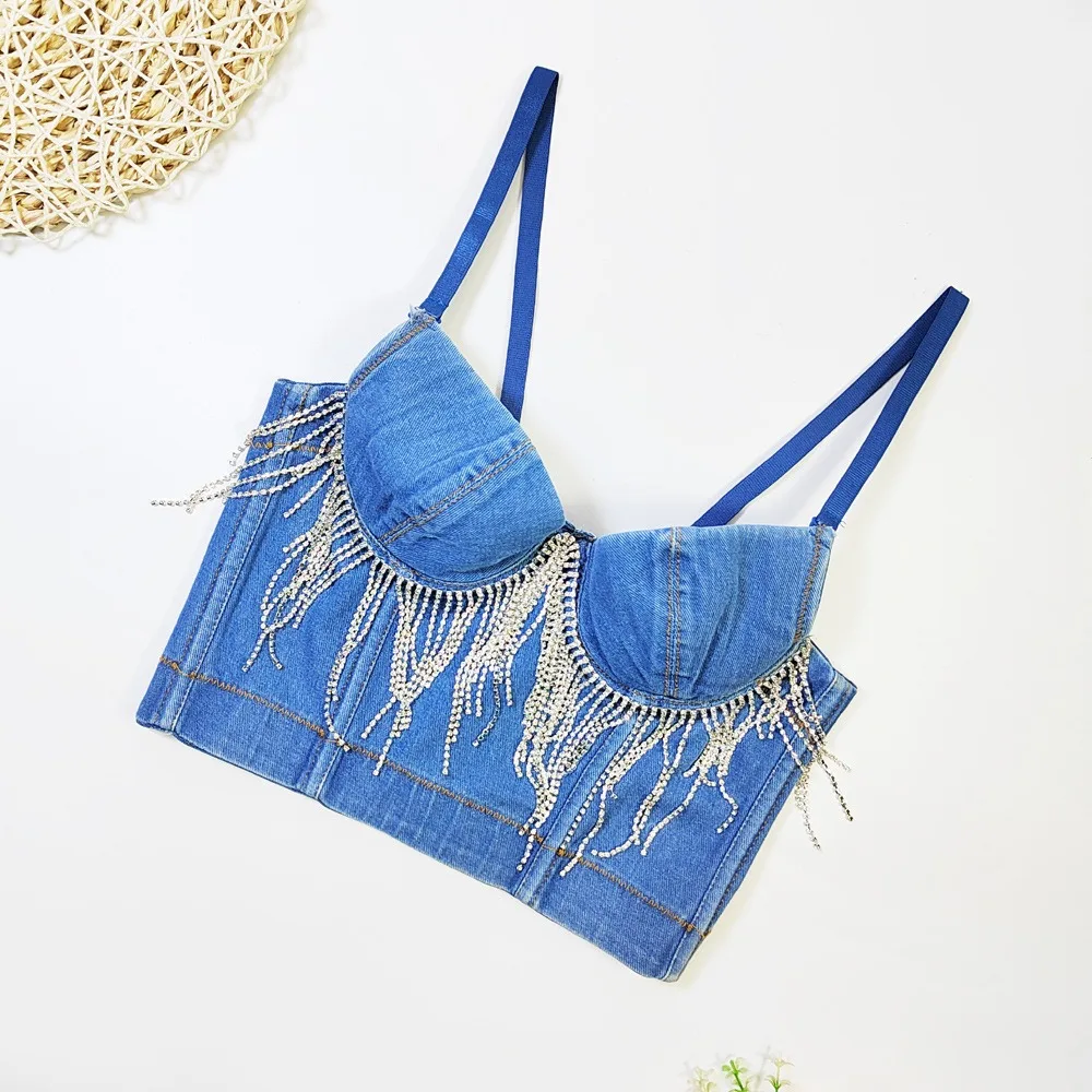 IRENE TINNIE Women Spaghetti Strap Bustier Glitter Short Tassel Rhinestone Denim Camisole Y2k Nightclub Corset Top Ropa De Mujer