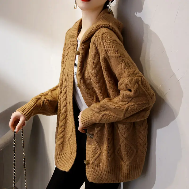 Autumn Cardigan Sweater 2023 New Knitted Cardigan Women Loose Retro Slouchy Hooded Coat Top Sweater Casual Cardigan female