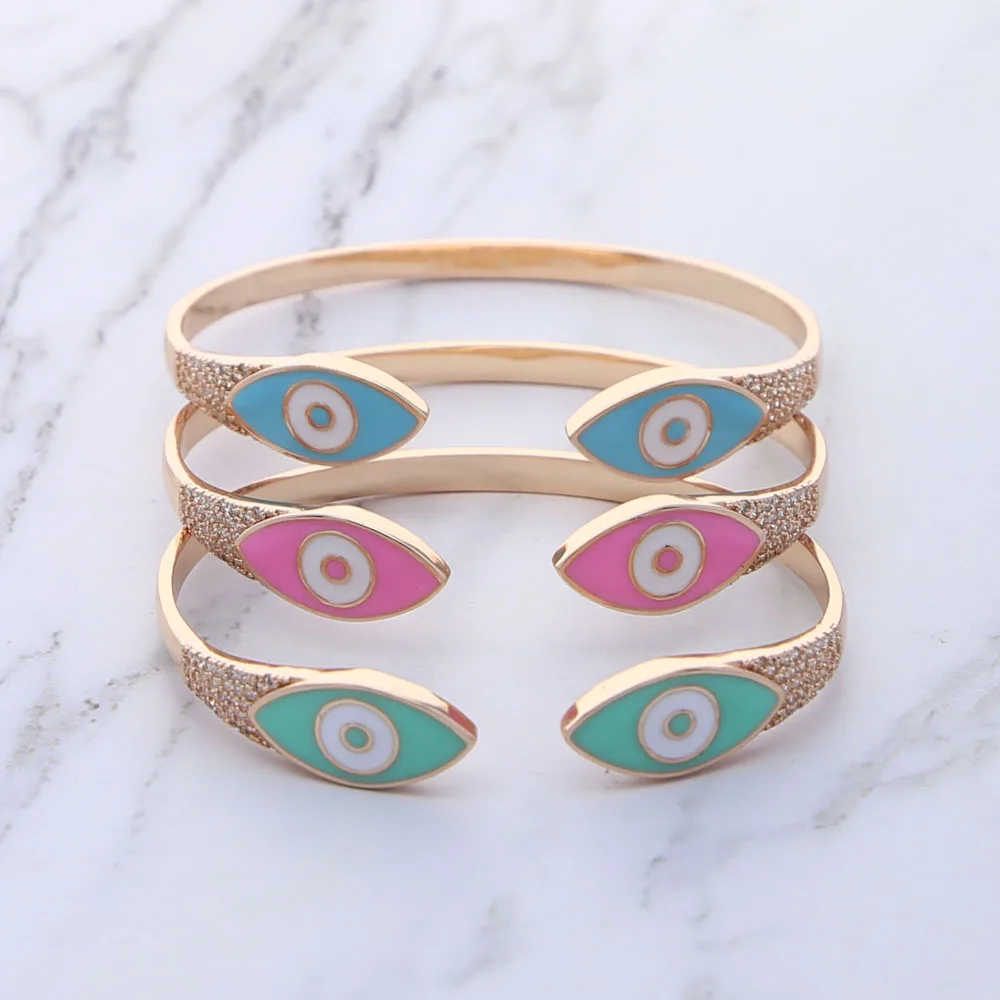 Turkish Evil Eye Pink Green Blue Enamel Cuff Bracelet for Women Paved White Cz Rose Gold Plated Color Bangles Fashion Jewelry