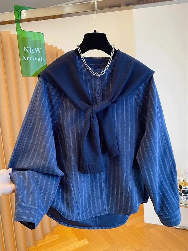 

plus Size 300 Pou Women's Striped irt oulder Wrap Autumn New Sle Youthful College Aosphere Sensation Top Korean Lo...