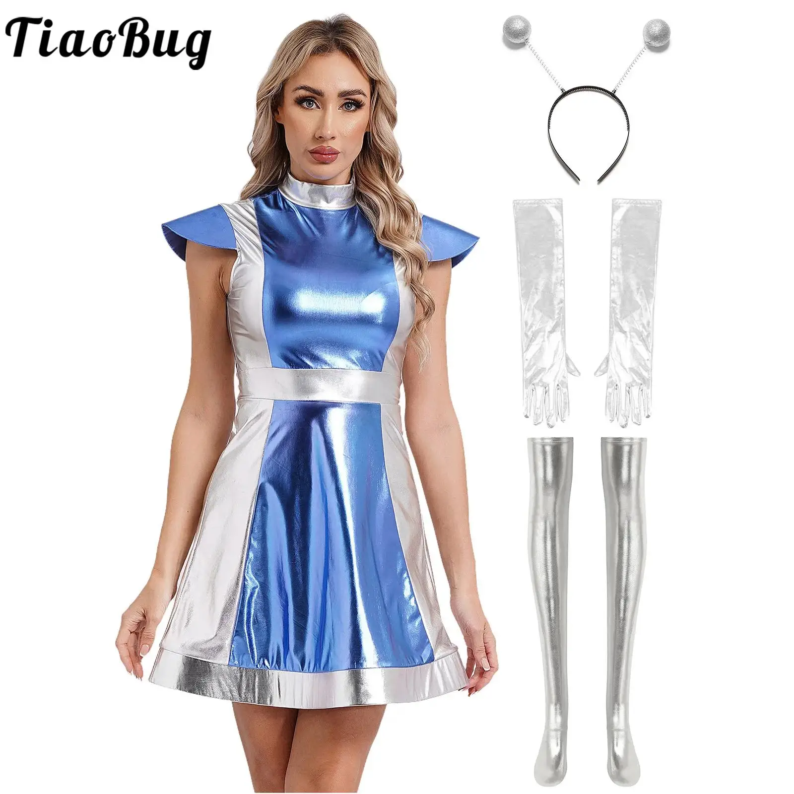 

Womens Space Alien Astronaut Cosplay Costume Shiny Metallic Mock Neck Cap Sleeve Robot Dress Outfits for Halloween Performance