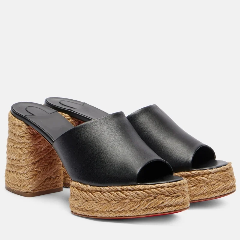 

2025 Women's Summer Thick Bottom Fish Mouth High Heels Retro Straw One Line High Heel Slippers Fashion One-step Sandals Shoes