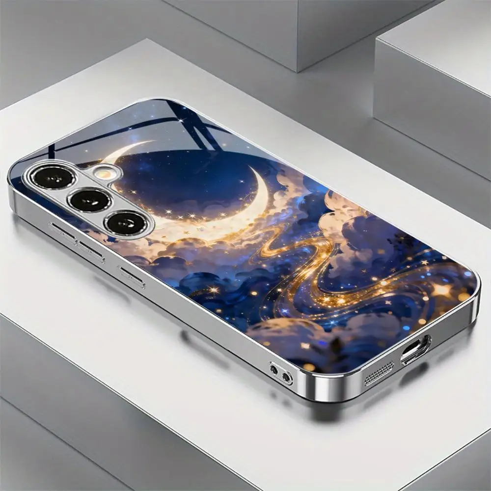 Night Sky Moon Galaxy Glass Phone Case For Samsung Galaxy S25 S24 S23 Ultra Plus FE Electroplated Frame Shockproof Hard Cover
