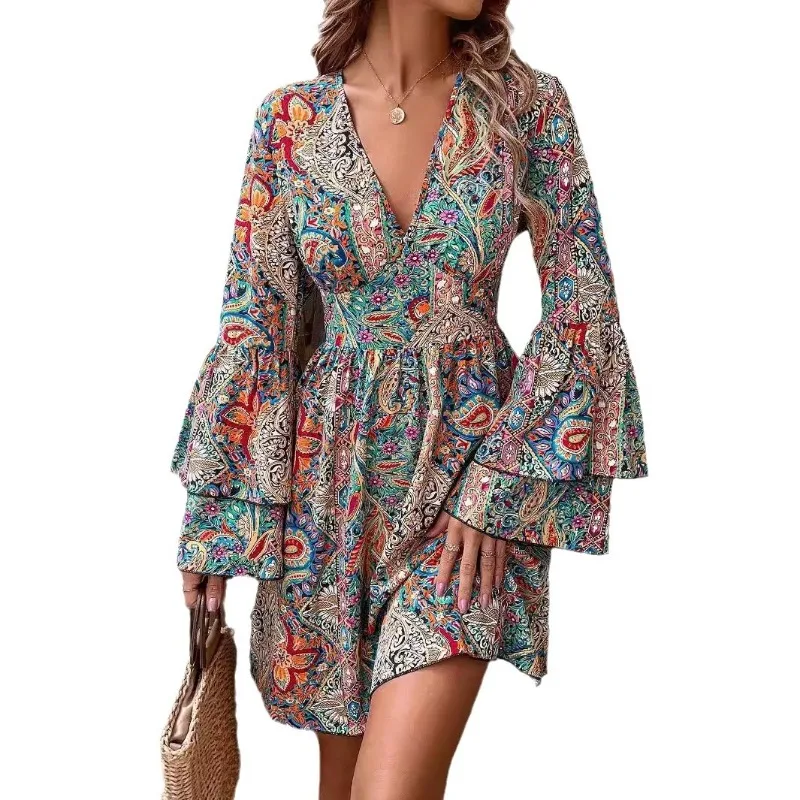 

Spring 2025 New Arrival Elegant Women's Floral Print V-Neck Bell Sleeve Dress Autumn