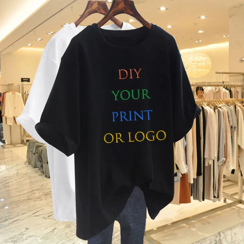 DIY Your like Photo or Logo Women Clothing Fashion Cotton O-neck Short Sleeve T-shirt Summer Casual Loose Oversized Top Tee