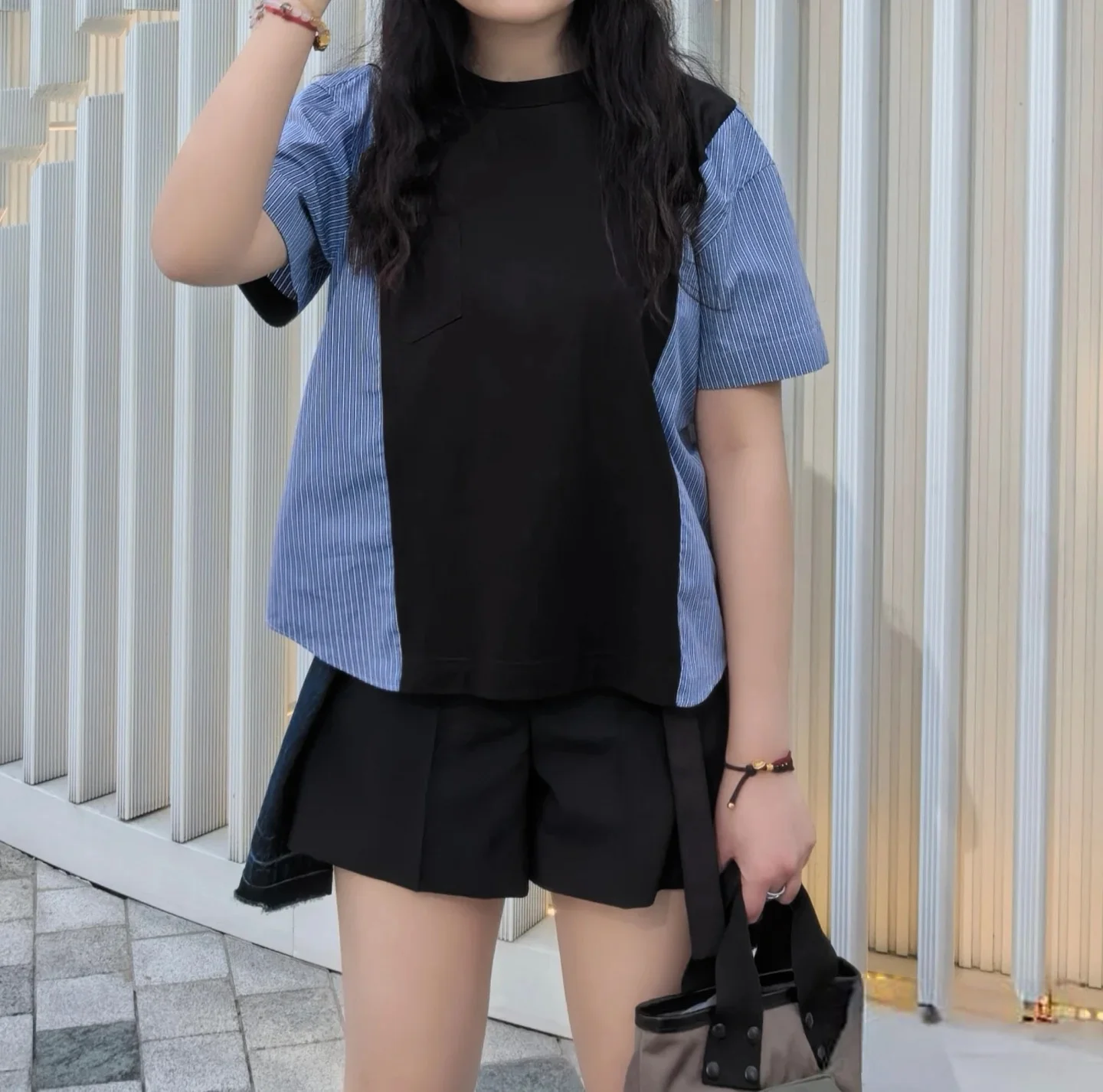 

SAC Japanese new shirt splicing striped short-sleeved loose T-shirt shirt